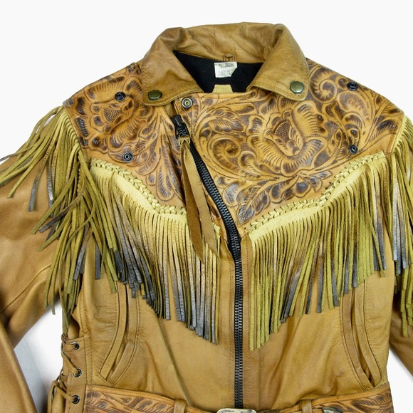 VTG 70's Leather Fringe Motorcycle Jacket Sz Small - Picture 3 of 15